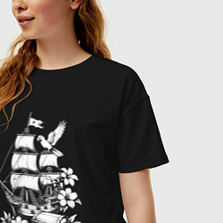 Футболка оверсайз женская Пиратский бриг сокровища и попугаи, цвет: черный — фото 2