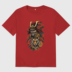 Футболка оверсайз женская Самурай и тигр в стиле татуировки, цвет: красный
