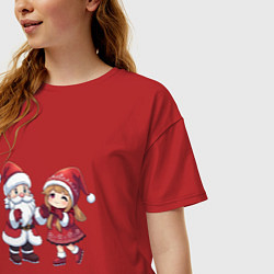 Футболка оверсайз женская Мультяшные Дед Мороз и Снегурочка держатся за руки, цвет: красный — фото 2