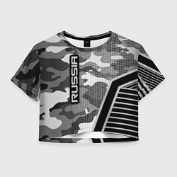 Футболка 3D укороченная женская Russia: Grey Camo, цвет: 3D-принт