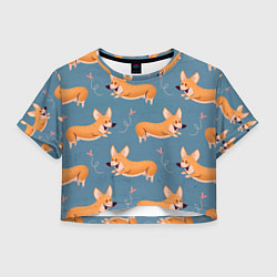 Футболка 3D укороченная женская Корги с бабочкой, цвет: 3D-принт
