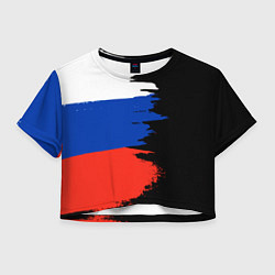 Футболка 3D укороченная женская Российский триколор на темном фоне, цвет: 3D-принт