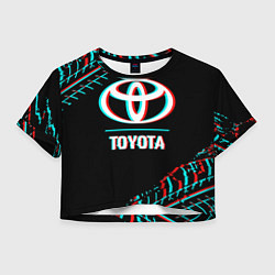 Футболка 3D укороченная женская Значок Toyota в стиле glitch на темном фоне, цвет: 3D-принт