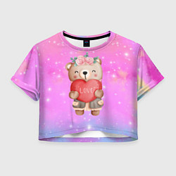 Футболка 3D укороченная женская Милый мишка с сердечком, цвет: 3D-принт