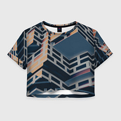 Футболка 3D укороченная женская Геометрическое здание из золотых и синих блоков, цвет: 3D-принт
