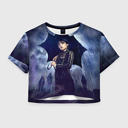 Футболка 3D укороченная женская Уэнсдей Аддамс с зонтом, цвет: 3D-принт