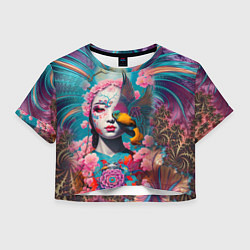 Футболка 3D укороченная женская Japanese girl with a bird - irezumi, цвет: 3D-принт