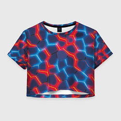 Футболка 3D укороченная женская Красный и синий неон, цвет: 3D-принт