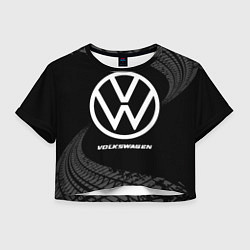 Футболка 3D укороченная женская Volkswagen speed на темном фоне со следами шин, цвет: 3D-принт