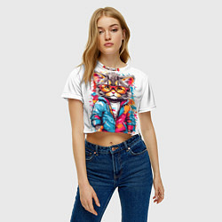 Футболка 3D укороченная женская Котик в очках - брызги красок, цвет: 3D-принт — фото 2