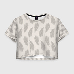 Футболка 3D укороченная женская Бежевый паттерн с перьями, цвет: 3D-принт