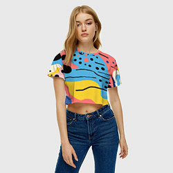 Футболка 3D укороченная женская Абстракция с черными пятнами на разноцветном фоне, цвет: 3D-принт — фото 2