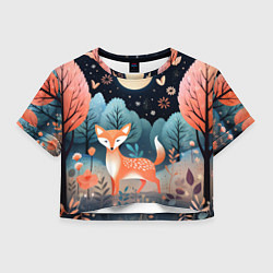Футболка 3D укороченная женская Лисичка в осеннем лесу фолк-арт, цвет: 3D-принт