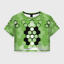 Футболка 3D укороченная женская Зелёная кибер броня hexagons, цвет: 3D-принт