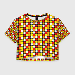 Футболка 3D укороченная женская Красные, жёлтые и белые квадраты, цвет: 3D-принт