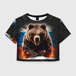 Женский топ Русский медведь на фоне флага и огня