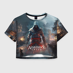 Футболка 3D укороченная женская Assassins creed ночной город, цвет: 3D-принт
