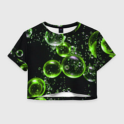 Футболка 3D укороченная женская Зеленые пузыри на черном, цвет: 3D-принт