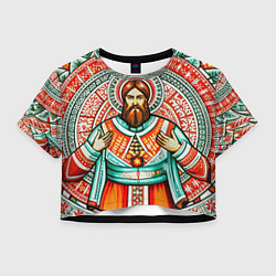 Футболка 3D укороченная женская Русский богатырь в славянском стиле, цвет: 3D-принт