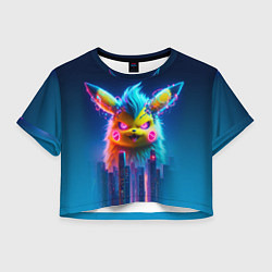 Футболка 3D укороченная женская Кибер-Пикачу среди небоскрёбов - нейроарт, цвет: 3D-принт
