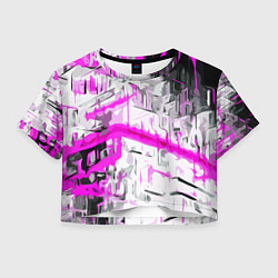 Футболка 3D укороченная женская Бело-розовая абстракция на чёрном фоне, цвет: 3D-принт