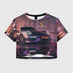 Футболка 3D укороченная женская Porshe neon city, цвет: 3D-принт