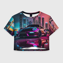 Футболка 3D укороченная женская Porshe night city, цвет: 3D-принт