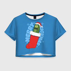 Футболка 3D укороченная женская Новогодний Рик огурчик - Merry Rickmas, цвет: 3D-принт