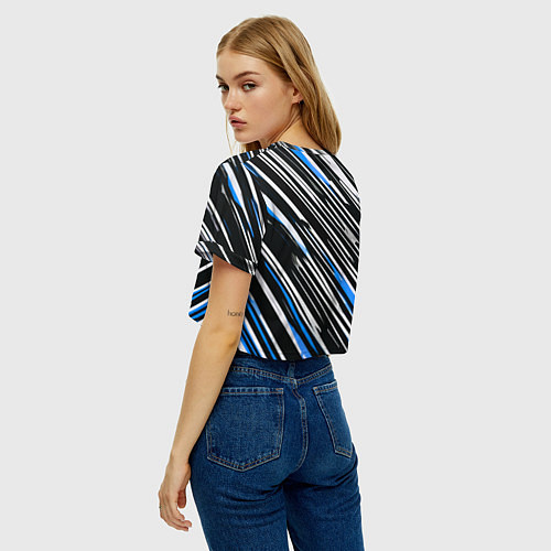 Женский топ Диагональные сине-белые полосы на чёрном фоне / 3D-принт – фото 4
