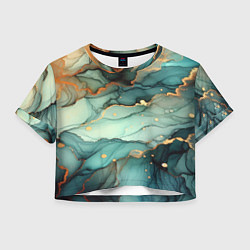 Футболка 3D укороченная женская Бирюзовый узор с оранжевыми вставками, цвет: 3D-принт