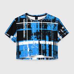 Футболка 3D укороченная женская Сине-белый гранж на чёрном фоне, цвет: 3D-принт