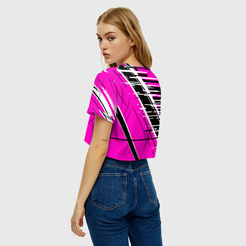 Женский топ Чёрно-белые глитч полосы на розовом фоне / 3D-принт – фото 4