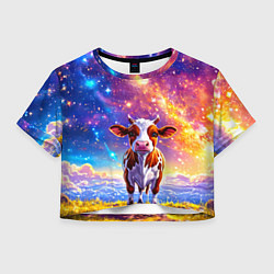 Футболка 3D укороченная женская Коровка и звездное небо, цвет: 3D-принт