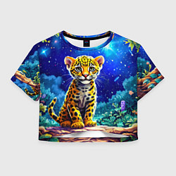 Футболка 3D укороченная женская Ягуар в звездную ночь, цвет: 3D-принт