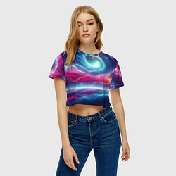 Футболка 3D укороченная женская Spiral neon galaxy - ai art fantasy, цвет: 3D-принт — фото 2