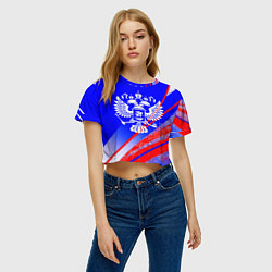Футболка 3D укороченная женская Герб России на фоне цветов флага синий, цвет: 3D-принт — фото 2