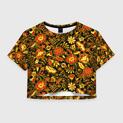 Футболка 3D укороченная женская Цветочный золотой узор, цвет: 3D-принт