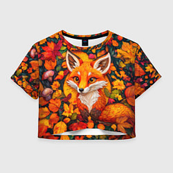 Футболка 3D укороченная женская Лисенок в осенних листьях, цвет: 3D-принт