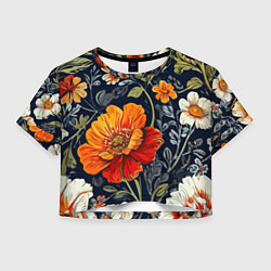 Футболка 3D укороченная женская Маки и пионы старинный паттерн, цвет: 3D-принт