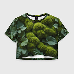Футболка 3D укороченная женская Зеленый мох и листья, цвет: 3D-принт