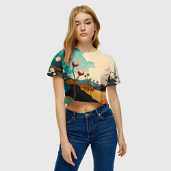 Футболка 3D укороченная женская Сюрреалистичный пейзаж с цветами, цвет: 3D-принт — фото 2