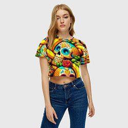 Футболка 3D укороченная женская Colorfull skulls and bananas - pop art pattern, цвет: 3D-принт — фото 2
