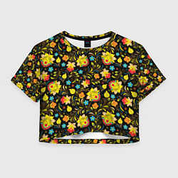 Футболка 3D укороченная женская Хохлома цветы, цвет: 3D-принт