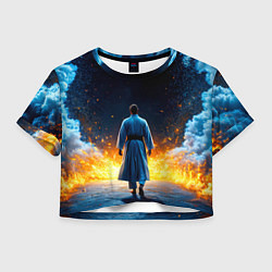 Футболка 3D укороченная женская Айкидоист в огне и синий дым, цвет: 3D-принт