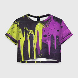 Футболка 3D укороченная женская Желтая и фиолетовая краска на черном, цвет: 3D-принт