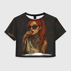 Футболка 3D укороченная женская Рыжая девушка в очках с тату, цвет: 3D-принт
