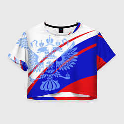 Футболка 3D укороченная женская Герб на фоне цветов флага бело-сине-красный, цвет: 3D-принт