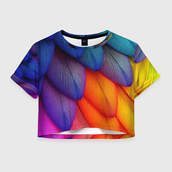 Футболка 3D укороченная женская Радужные перья попугая, цвет: 3D-принт