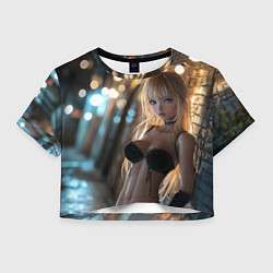 Футболка 3D укороченная женская Блондинка у стены с фонарями, цвет: 3D-принт
