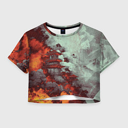 Футболка 3D укороченная женская Башня в облаках, цвет: 3D-принт